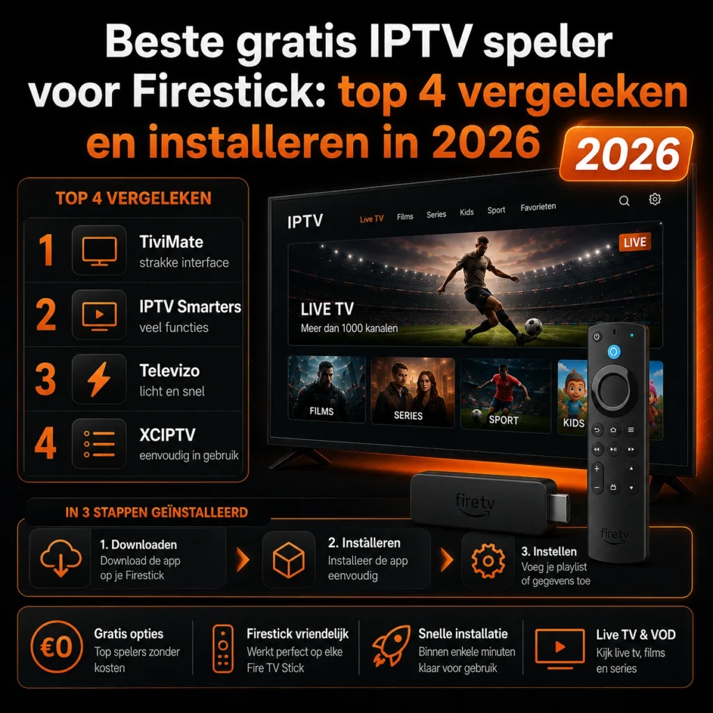 Beste gratis IPTV speler voor Firestick 2026 top 4 vergelijking met TiviMate, IPTV Smarters, Televizo en XCIPTV inclusief installatie stappen voor live TV en VOD.