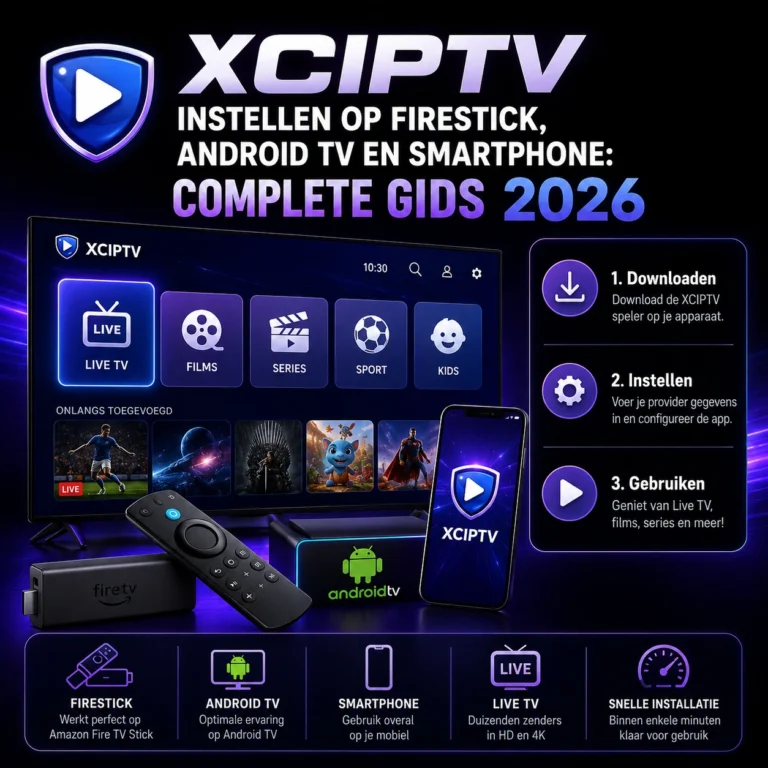 XCIPTV instellen op Firestick, Android TV en smartphone complete gids 2026 met stap voor stap downloaden, configureren en gebruiken van de IPTV speler voor live tv, films, series, sport en 4K streaming.