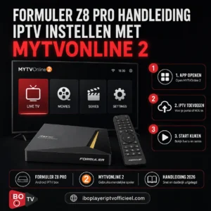Formuler Z8 Pro handleiding voor IPTV instellen met MYTVOnline 2, met tv-interface, afstandsbediening en stappenplan voor installatie.
