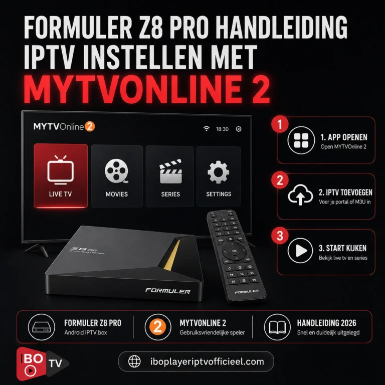 Formuler Z8 Pro handleiding voor IPTV instellen met MYTVOnline 2, met tv-interface, afstandsbediening en stappenplan voor installatie.