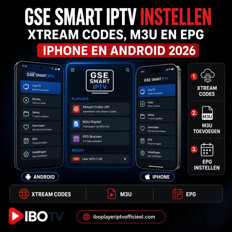 GSE Smart IPTV instellen op iPhone en Android met Xtream Codes, M3U-afspeellijst en EPG voor 2026.