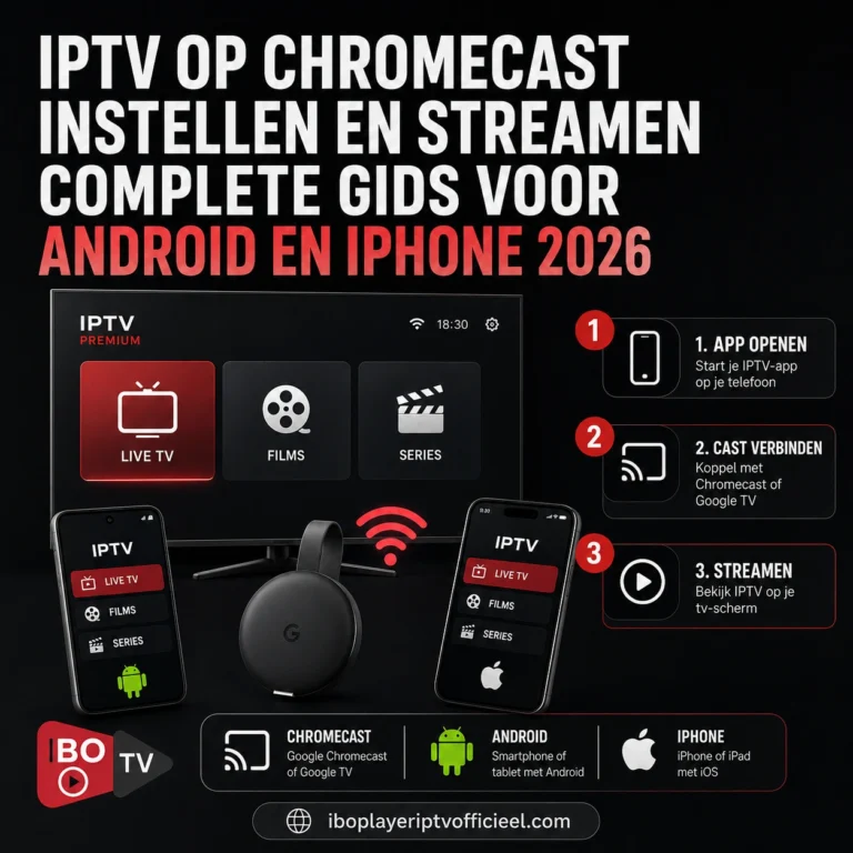 IPTV op Chromecast instellen en streamen via Android of iPhone, complete gids 2026 met tv, Chromecast en smartphones.