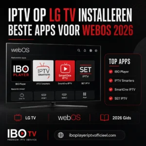 IPTV op LG TV installeren met de beste webOS-apps van 2026, waaronder IBO Player, IPTV Smarters, SmartOne IPTV en SET IPTV.