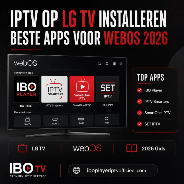 IPTV op LG TV installeren met de beste webOS-apps van 2026, waaronder IBO Player, IPTV Smarters, SmartOne IPTV en SET IPTV.