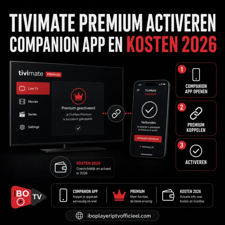 TiviMate Premium activeren via de Companion app, met stappen voor koppelen, activeren en informatie over de kosten in 2026.