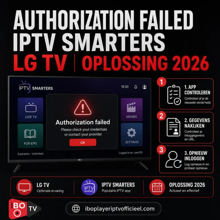 Authorization failed in IPTV Smarters op LG TV, met foutmelding en stappen om de app, inloggegevens en verbinding te controleren.